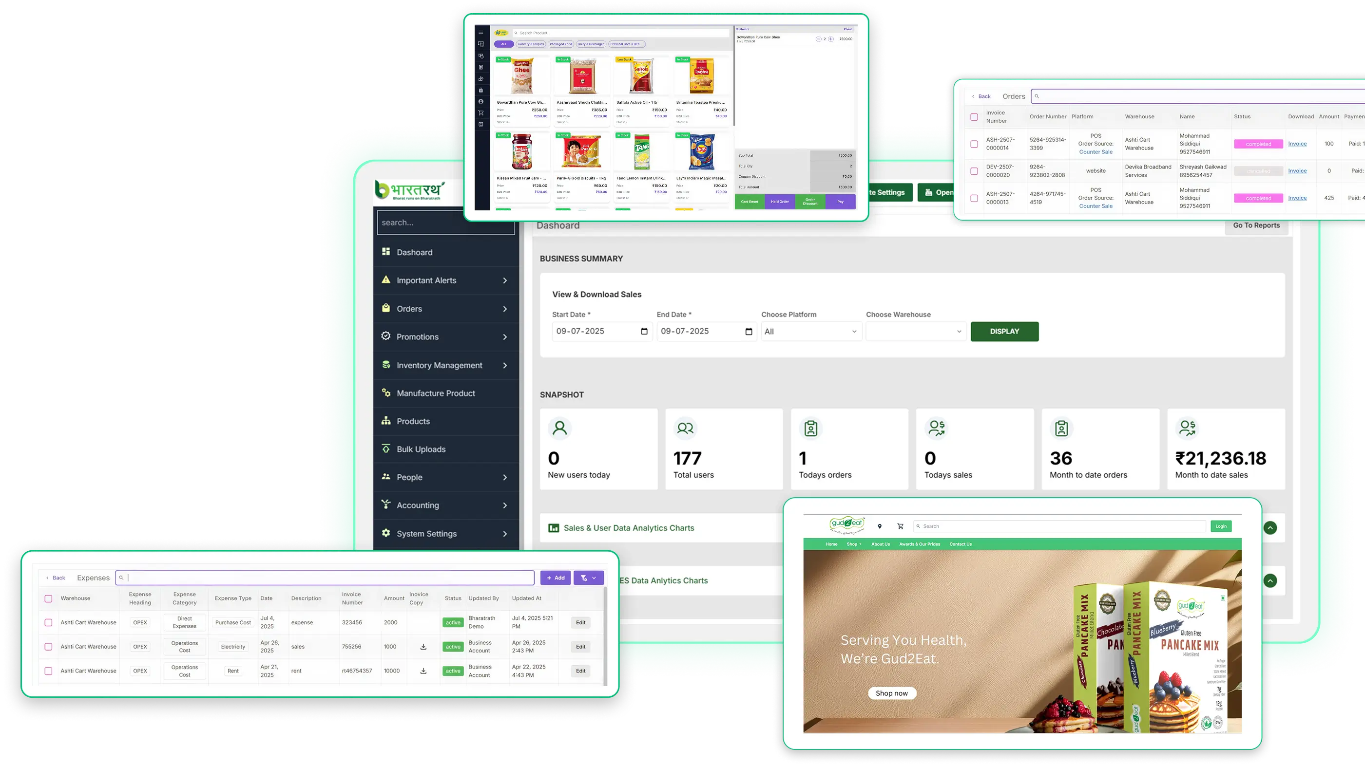 Bharatrath platform showing POS, inventory, website, order management modules, expenses management modules and other features in one place